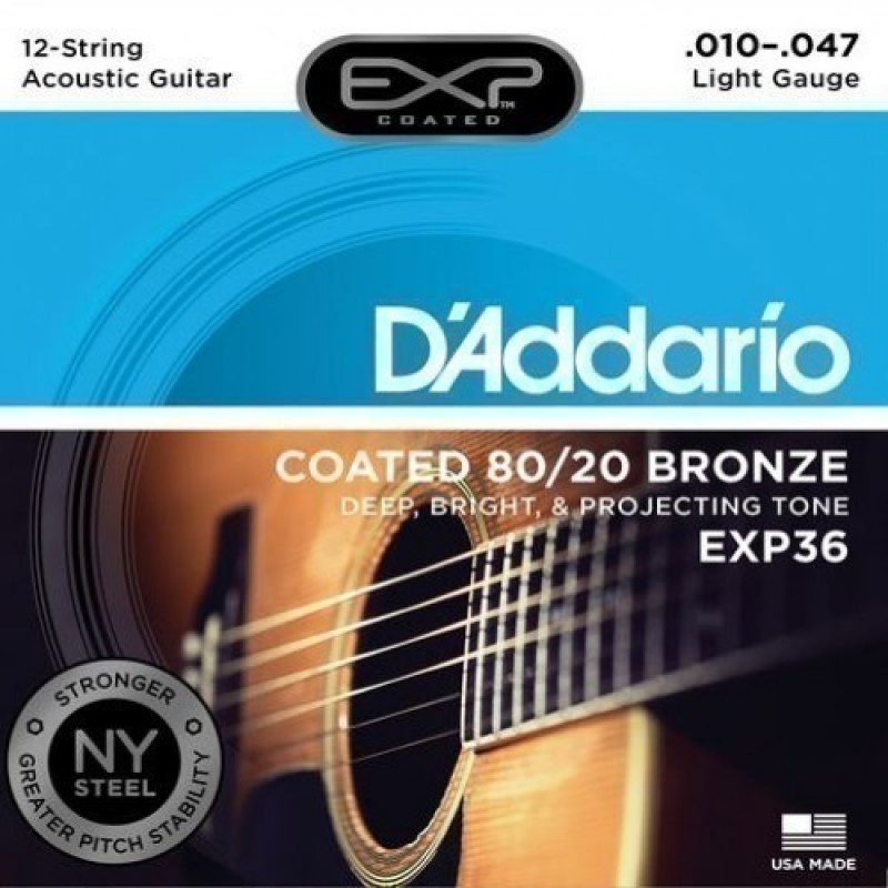 D'Addario EXP36 Light Coated 80/20 Bronze Acoustic Guitar Strings (12-String Set, 10 - 47)